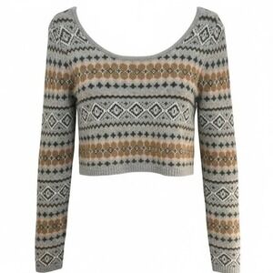 American Eagle Fair Isle Cropped Sweater Grey Tan Pink Scoop Neck XS Long Sleeve